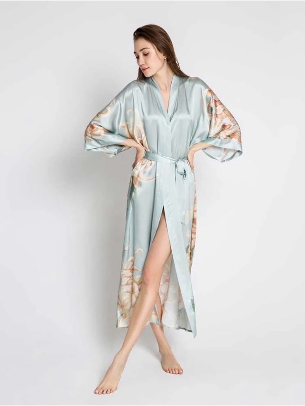 100% Silk Kim Ono KIKU LONG KIMONO ROBE in Jade - Women Intimates